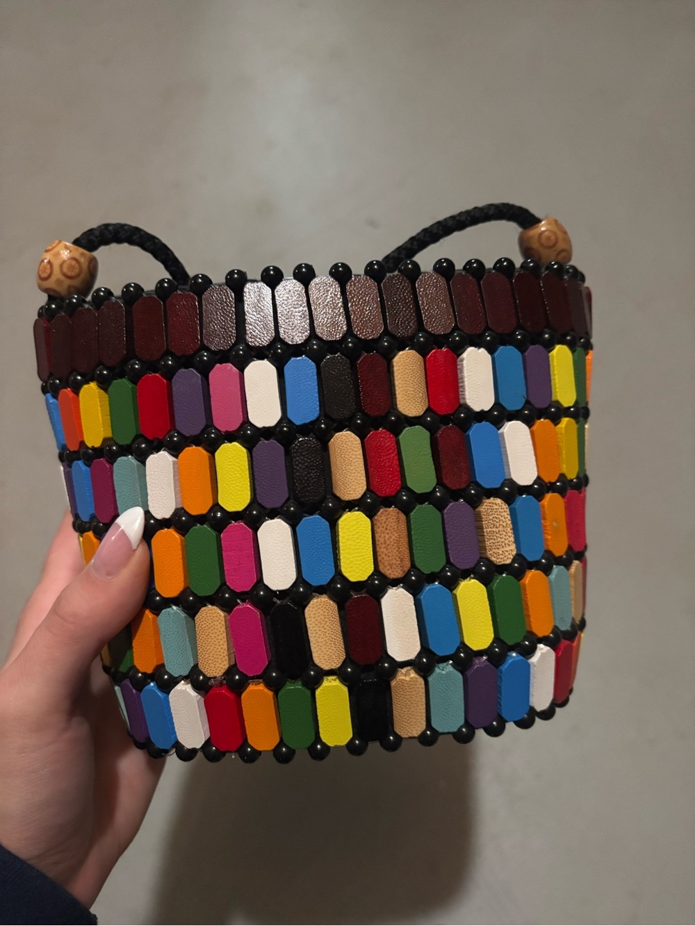 Multicolor Wooden Beaded Bucket Bag